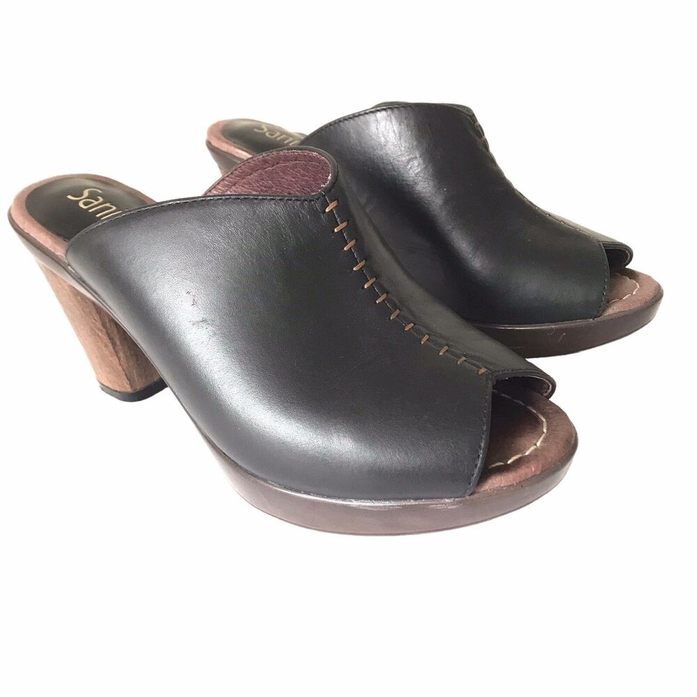Sanita Women's Bliss Baja Slide Pump Black Leather Peep Toe Sandals US 6  EU 37